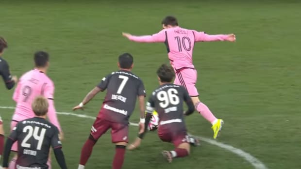 Lionel Messi pictured (no.10) in action for Inter Miami during a 0-0 draw against Vissel Kobe in Tokyo in February 2024
